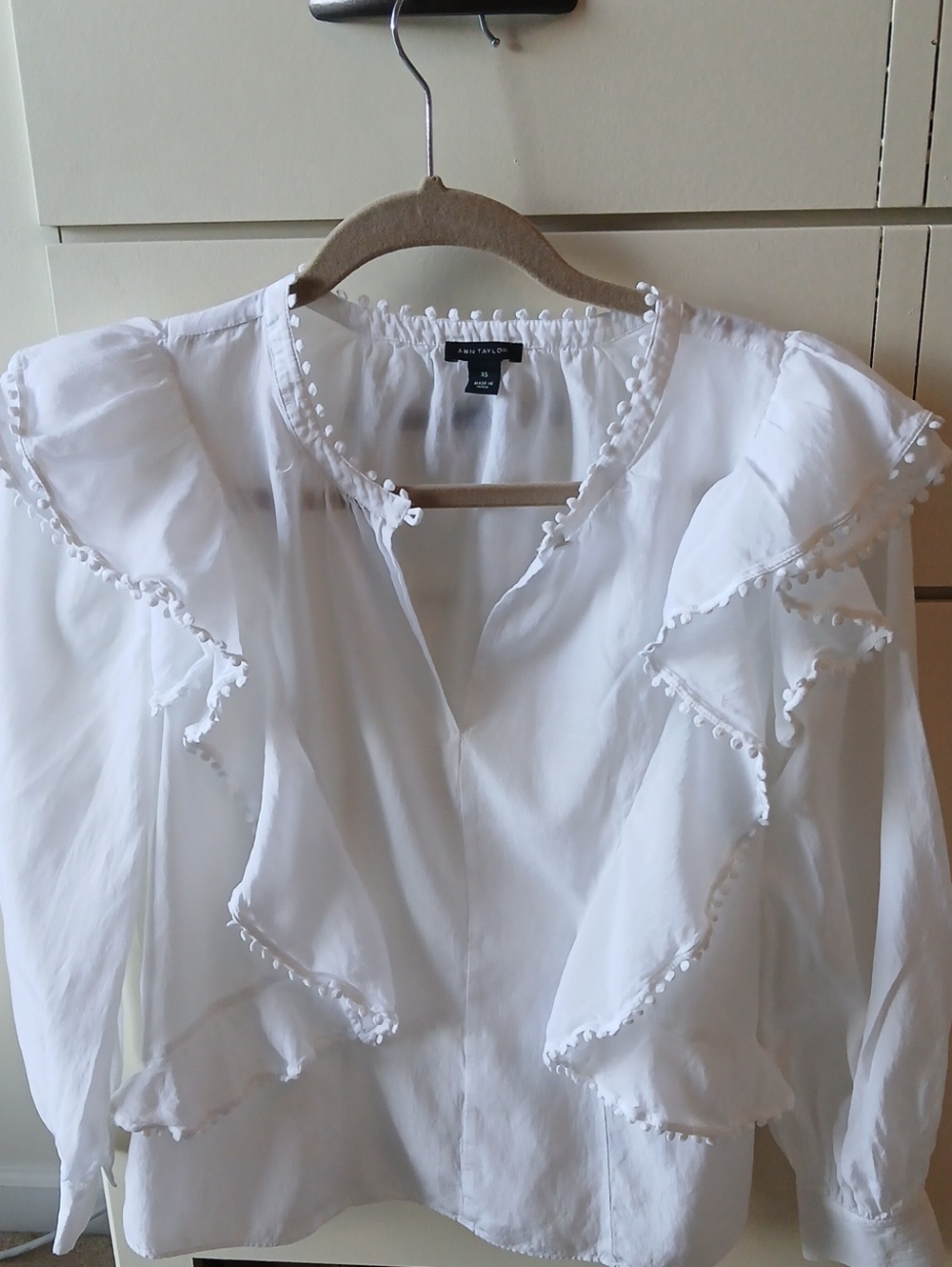 Ann Taylor White Ruffle Pom-Trim Blouse, Size XS